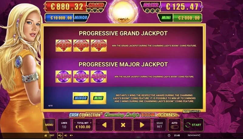 Cash Connection - Charming Lady's Boom Coins - Mini, Minor, Major এবং Grand জ্যাকপটের সারণী